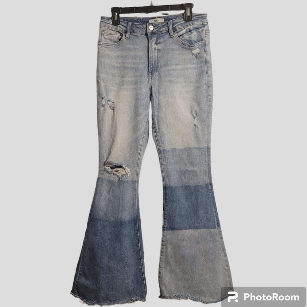 CEROS Phoenix Flared Jeans Womens Sz 30 Blue High Rise Color Block Stretch Retro